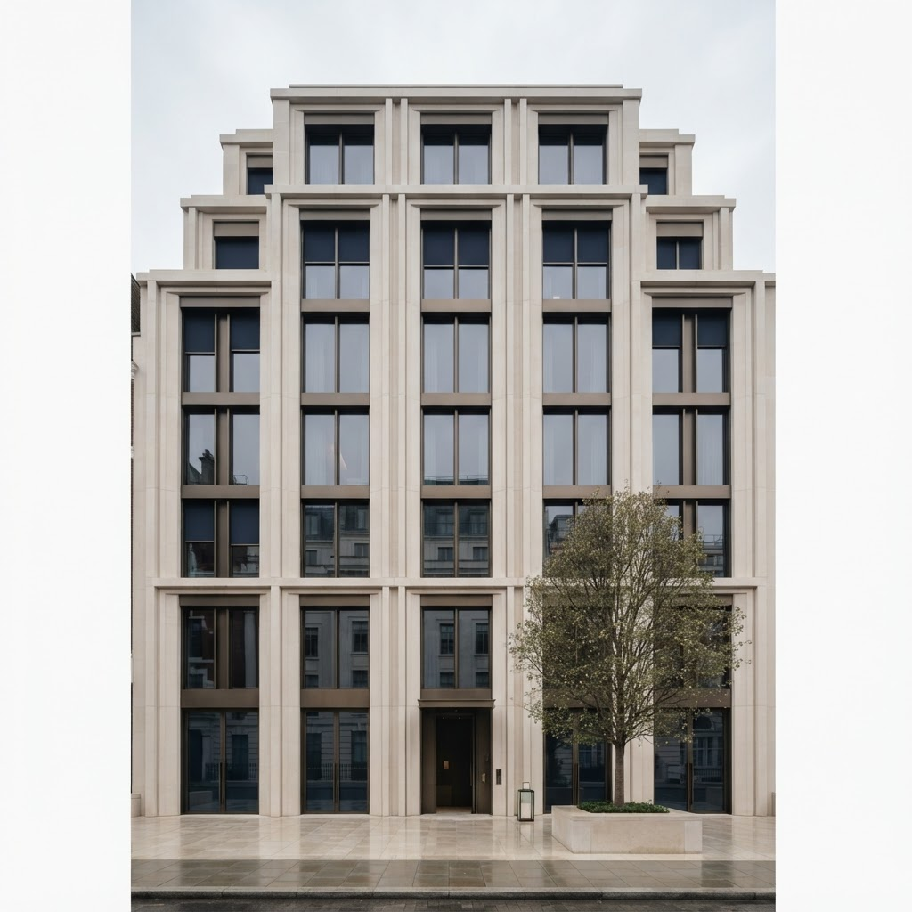 Elegant modern London building with a refined limestone facade